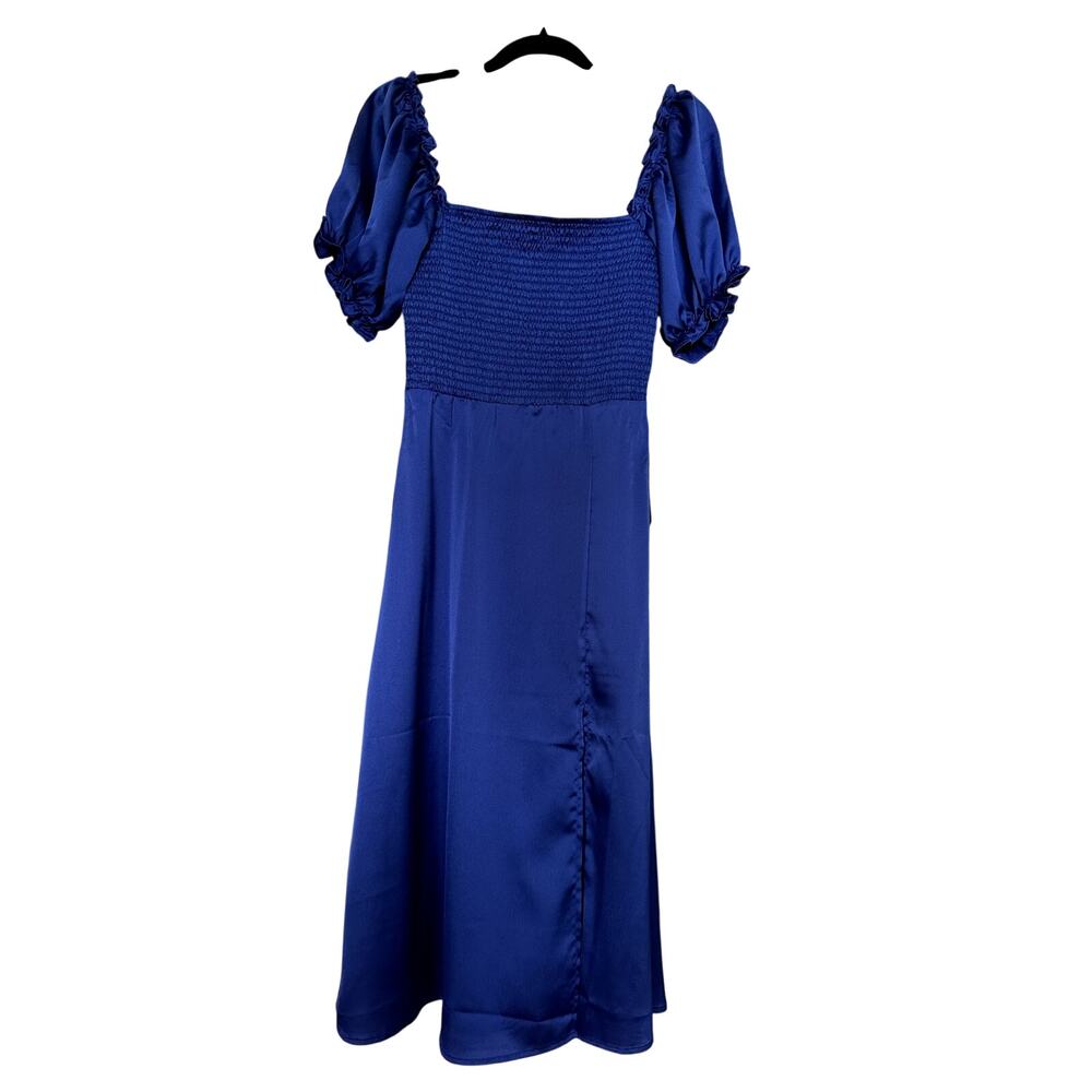 NWT NSR Royal Blue Satin Midi Dress with Smocked Elastic Bodice and Puff Sleeves